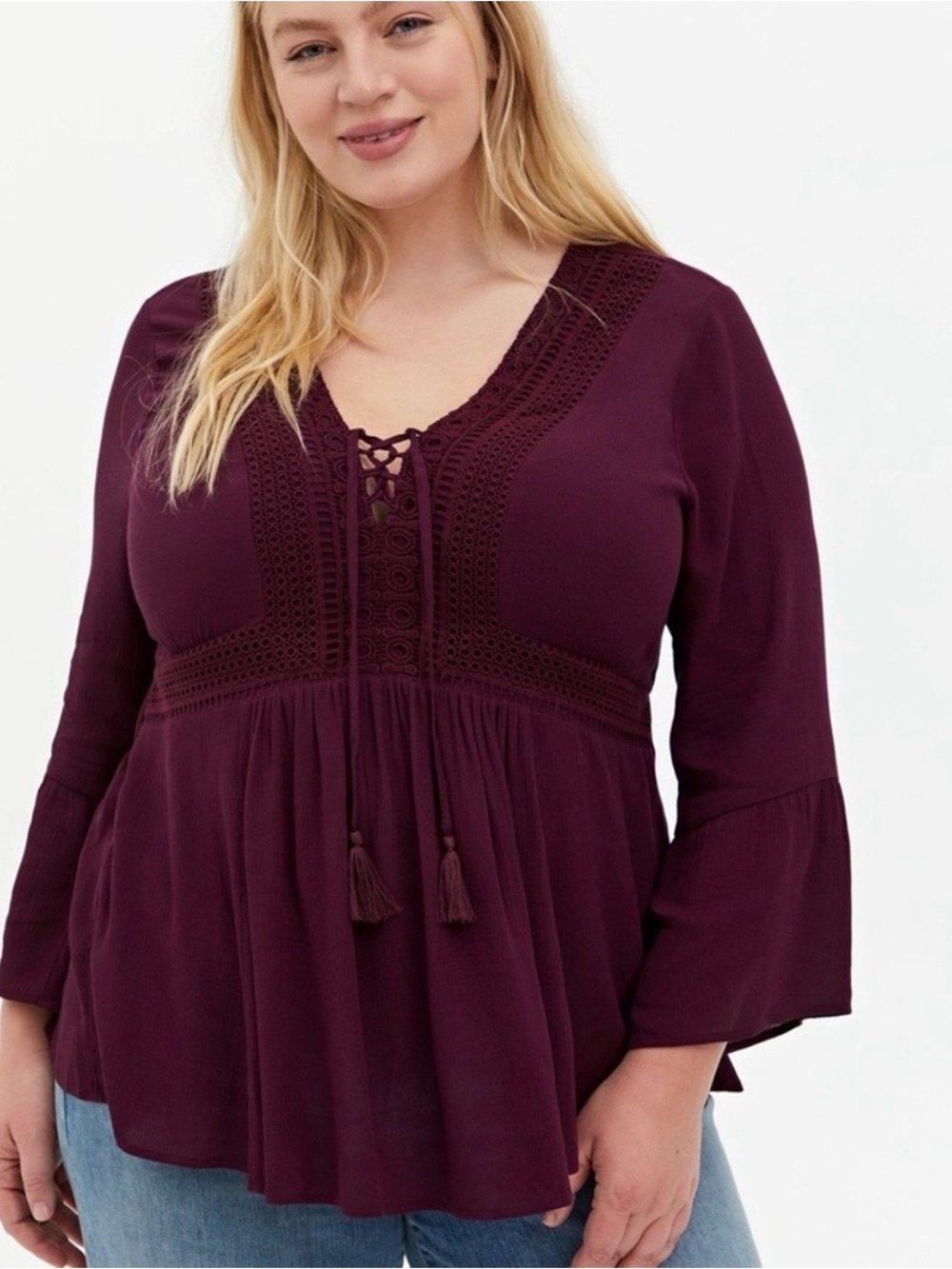 torrid Plum Lace-Up Crochet Peasant Tunic